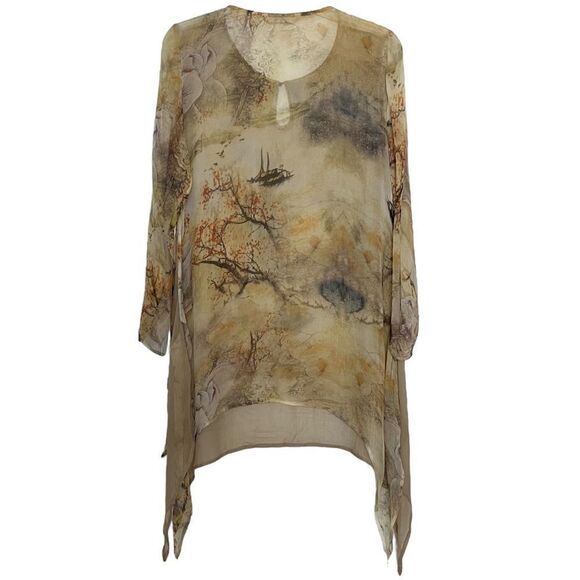 Soft Surroundings Lagenlook Silk Tunic Asian Gold Neutrals Sheer Asymmetrical XS - Picture 10 of 10